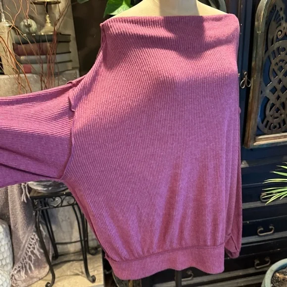 Free People deep earthy burgundy mauve. Oversized ribbed boat neck pull over. - Picture 9 of 15